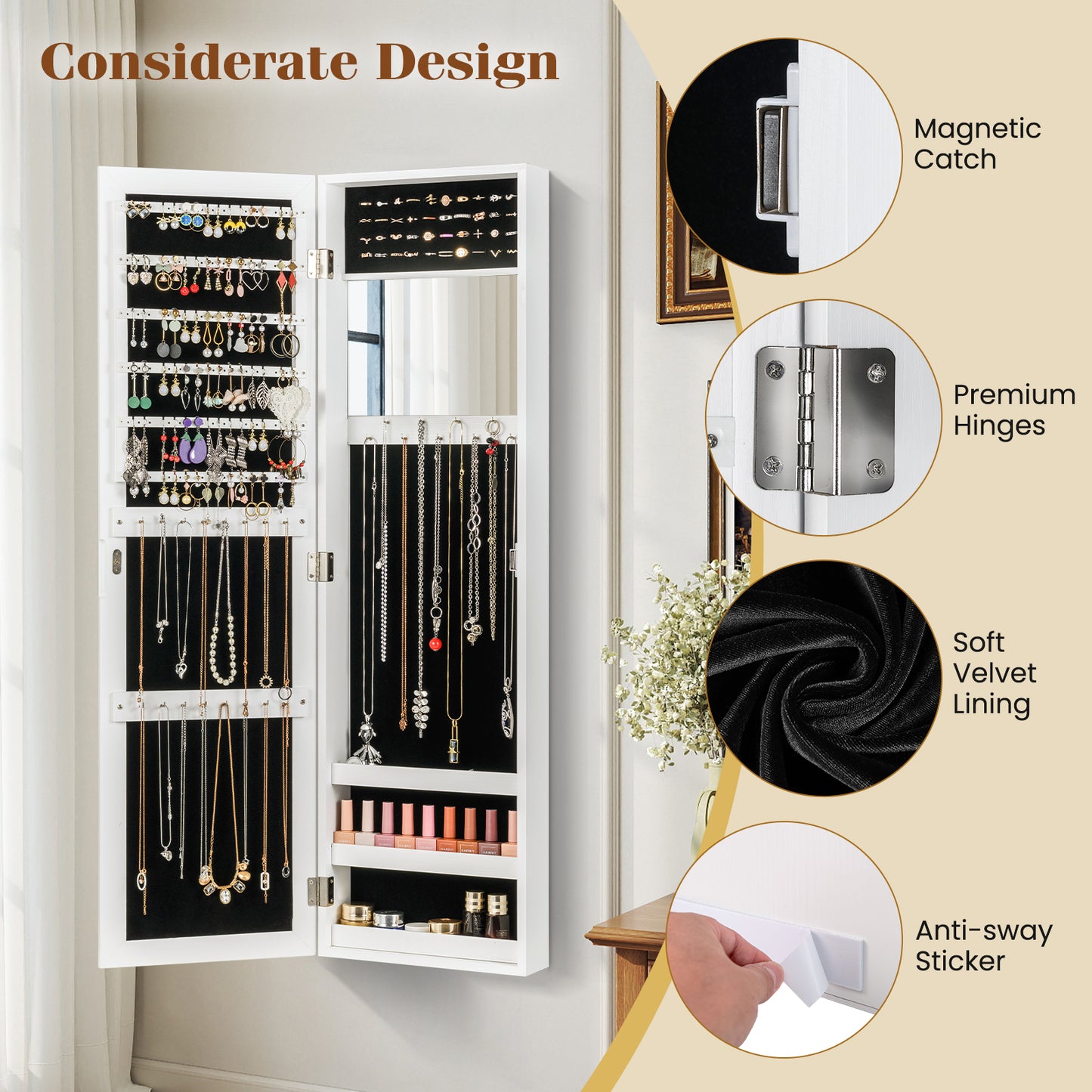 Full Length Mirror Jewelry Cabinet with Wall Mount