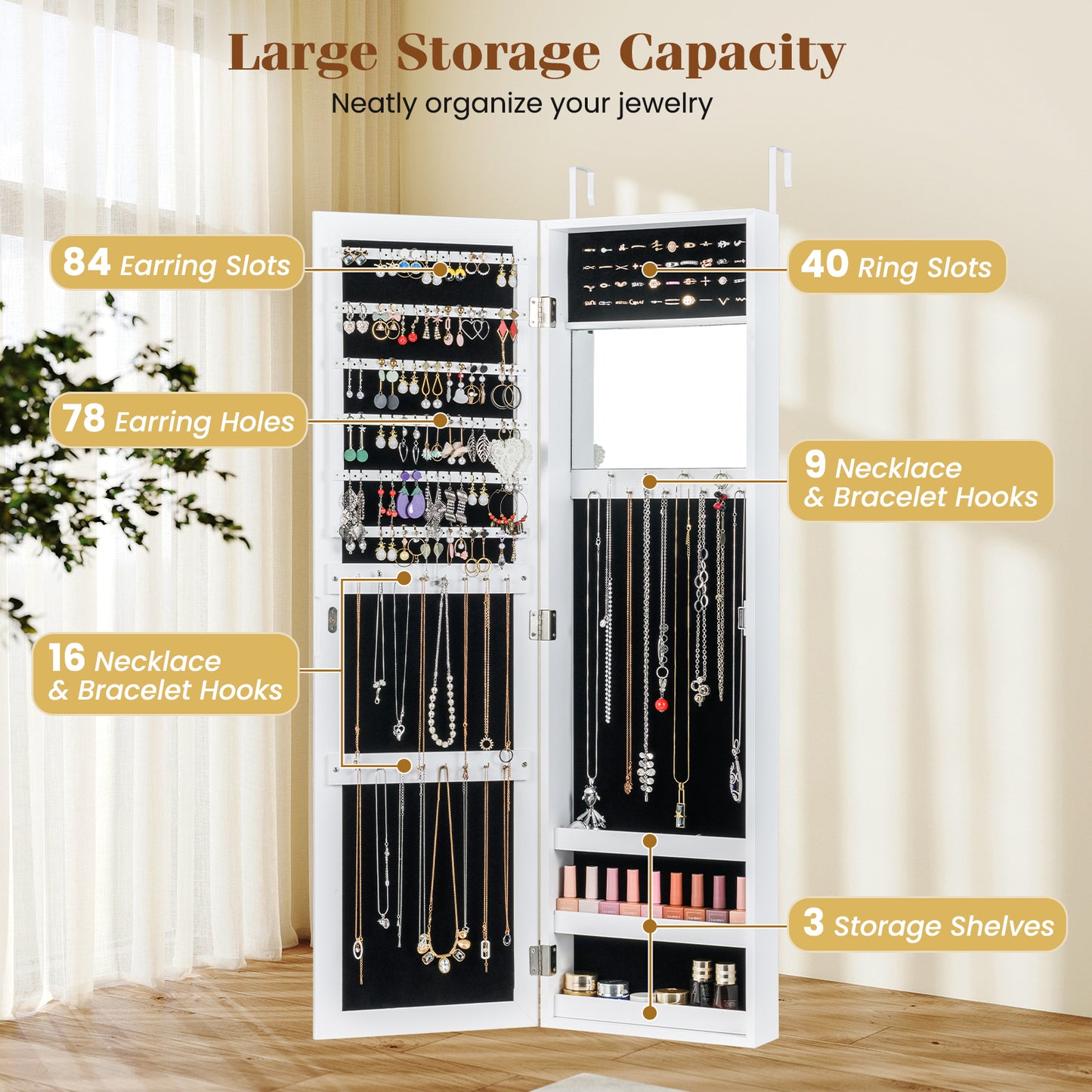 Full Length Mirror Jewelry Cabinet with Wall Mount
