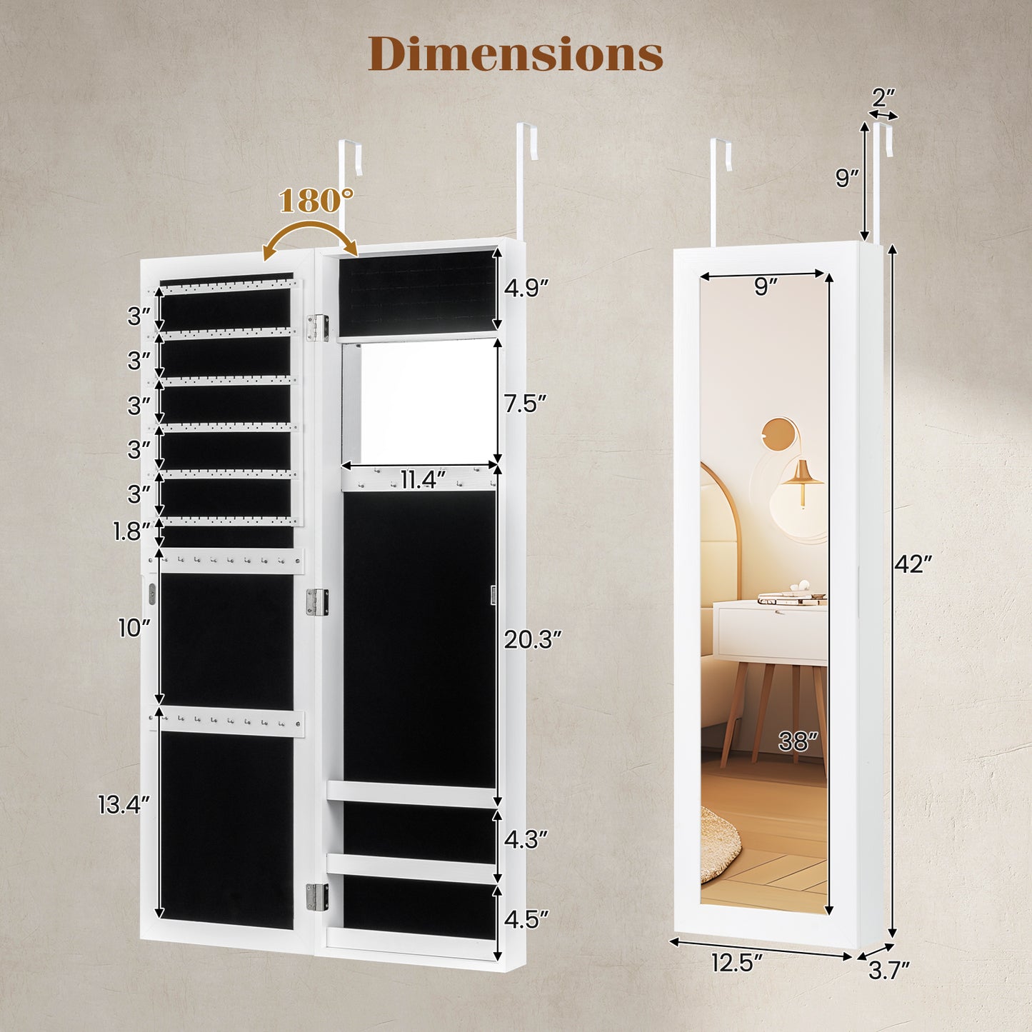 Full Length Mirror Jewelry Cabinet with Wall Mount