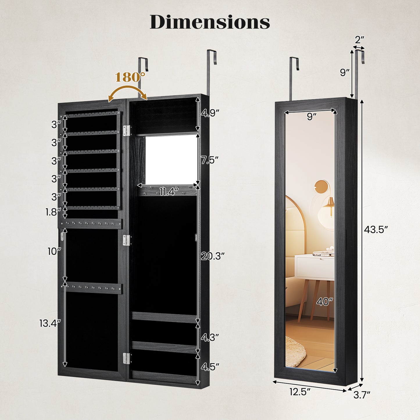 Full Length Mirror Jewelry Cabinet with Wall Mount