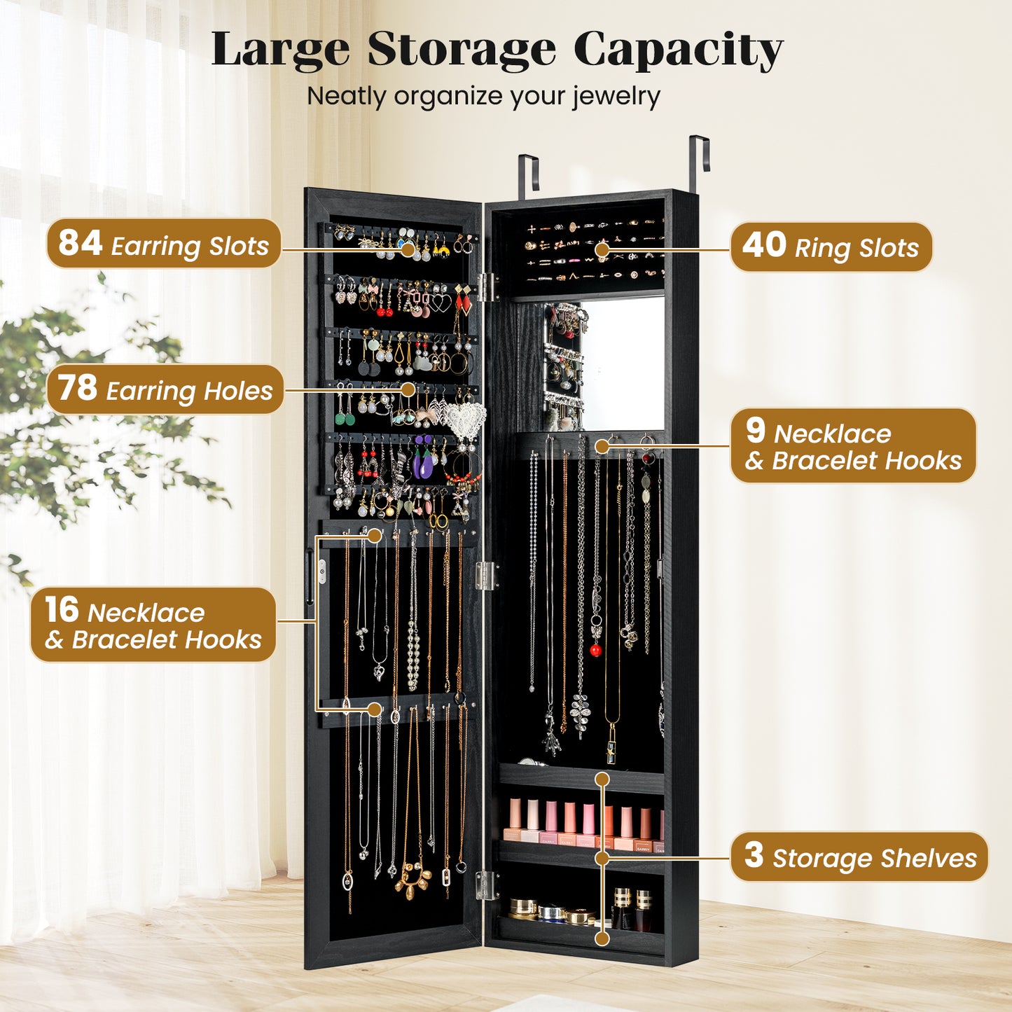 Full Length Mirror Jewelry Cabinet with Wall Mount