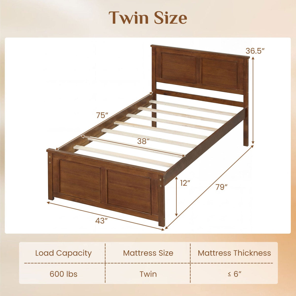 Twin Size Wooden Platform Bed Frame with Headboard