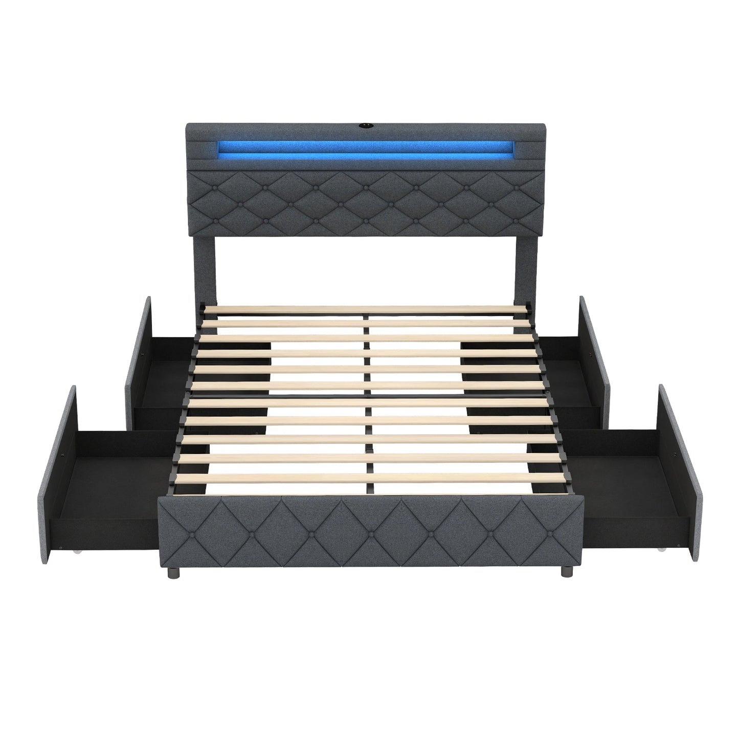 Full/Queen Size Bed Frame with Adjustable Storage Headboard and Wooden Slat Support
