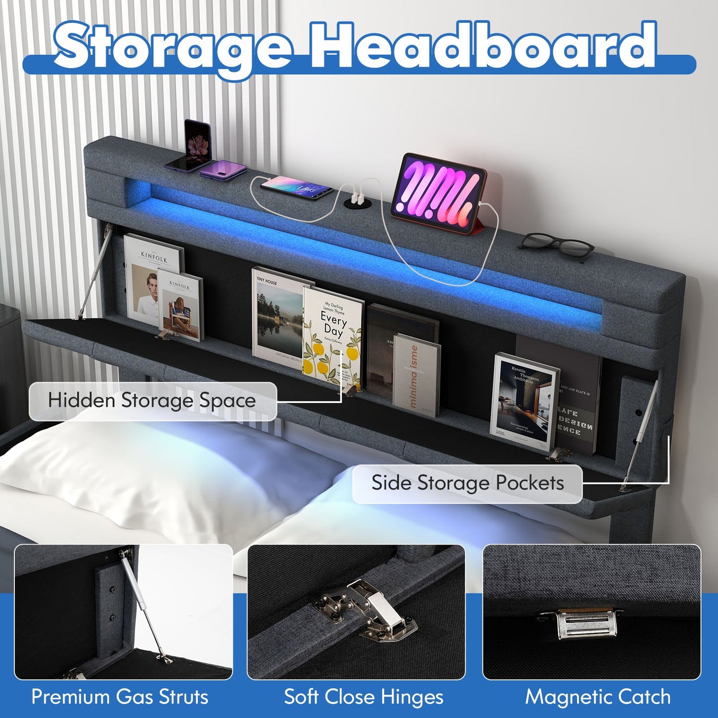 Full/Queen Size Bed Frame with Adjustable Storage Headboard and Wooden Slat Support