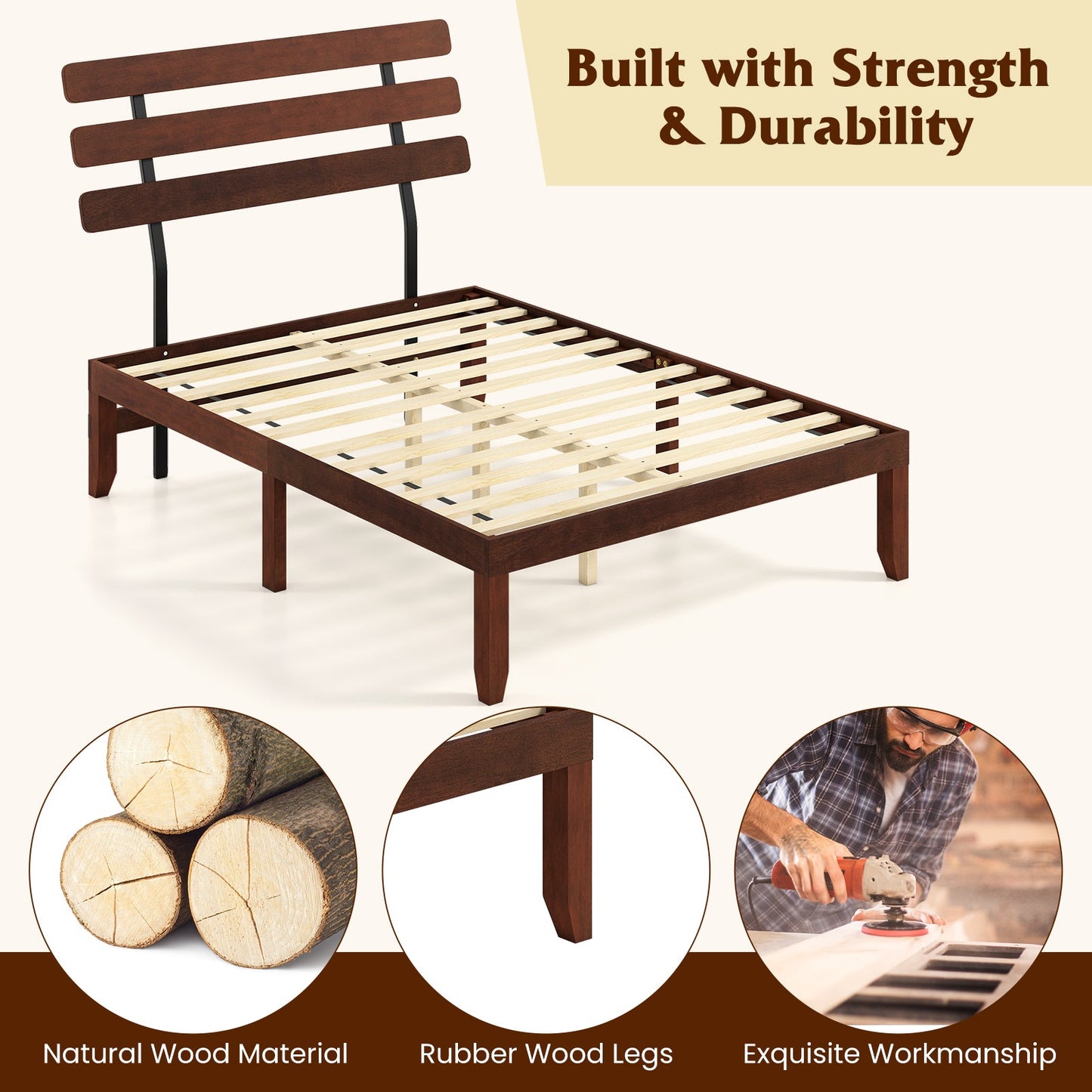 Full Size Bed Frame 15.5 Inch Solid Wood Platform Bed with Retro Headboard