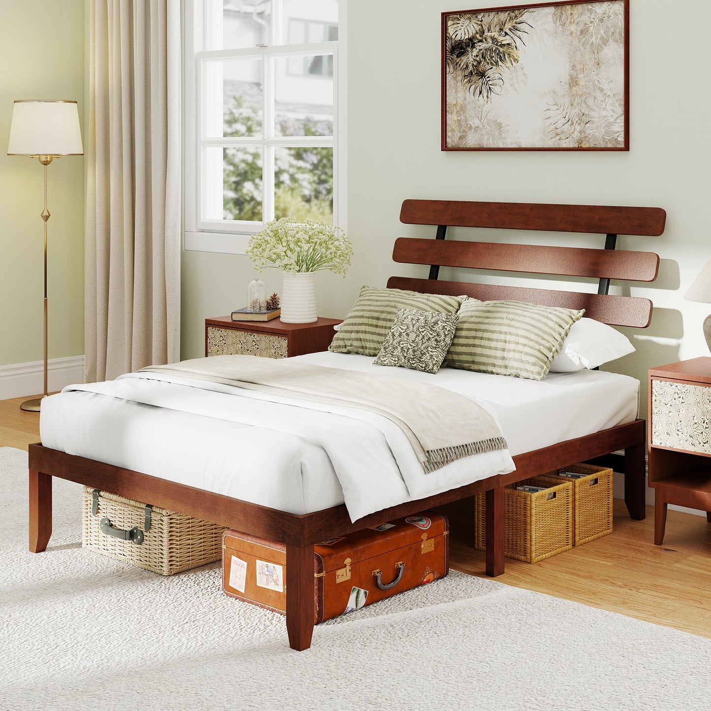 Full Size Bed Frame 15.5 Inch Solid Wood Platform Bed with Retro Headboard