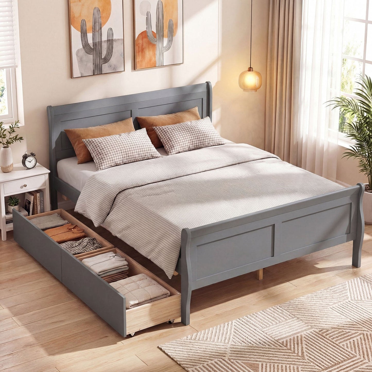 Full Size Bed Frame with 2 Storage Drawers and Footboard for Kids Teens Adults