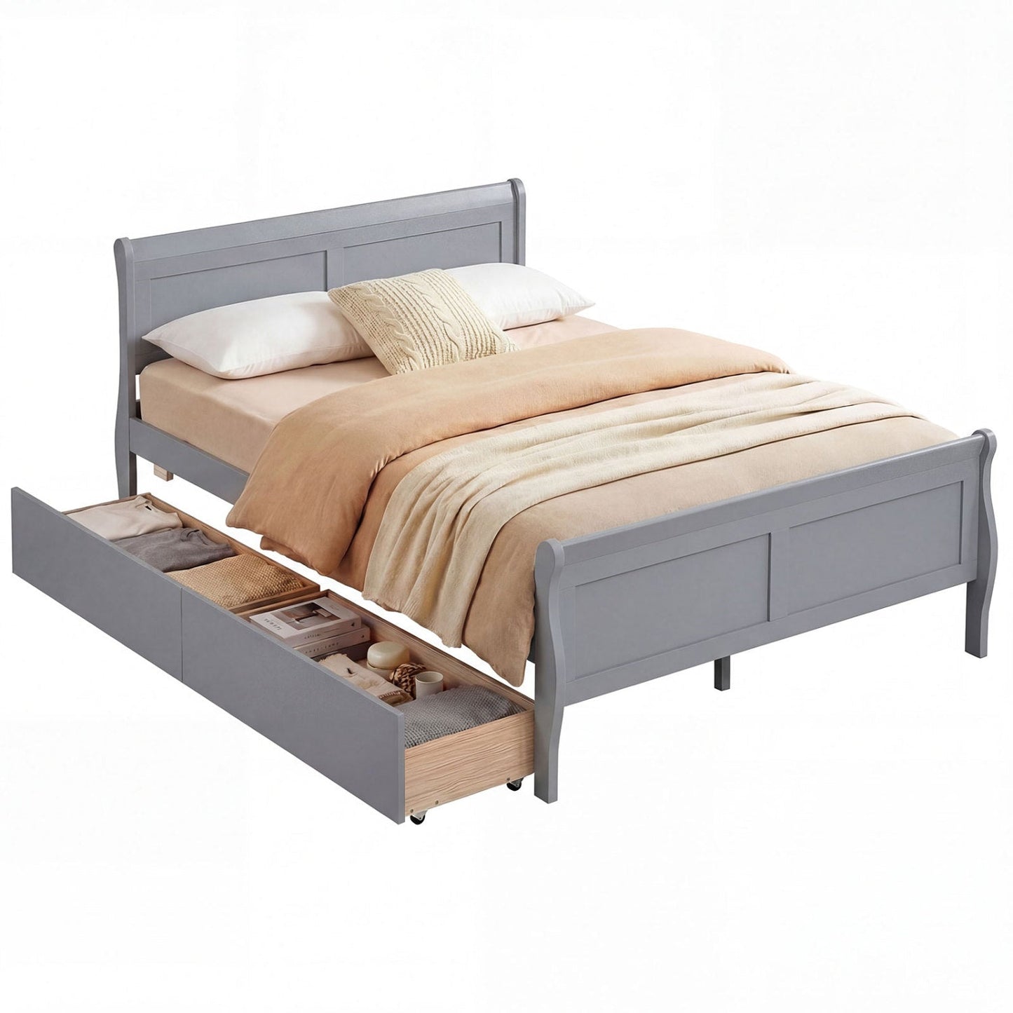 Full Size Bed Frame with 2 Storage Drawers and Footboard for Kids Teens Adults