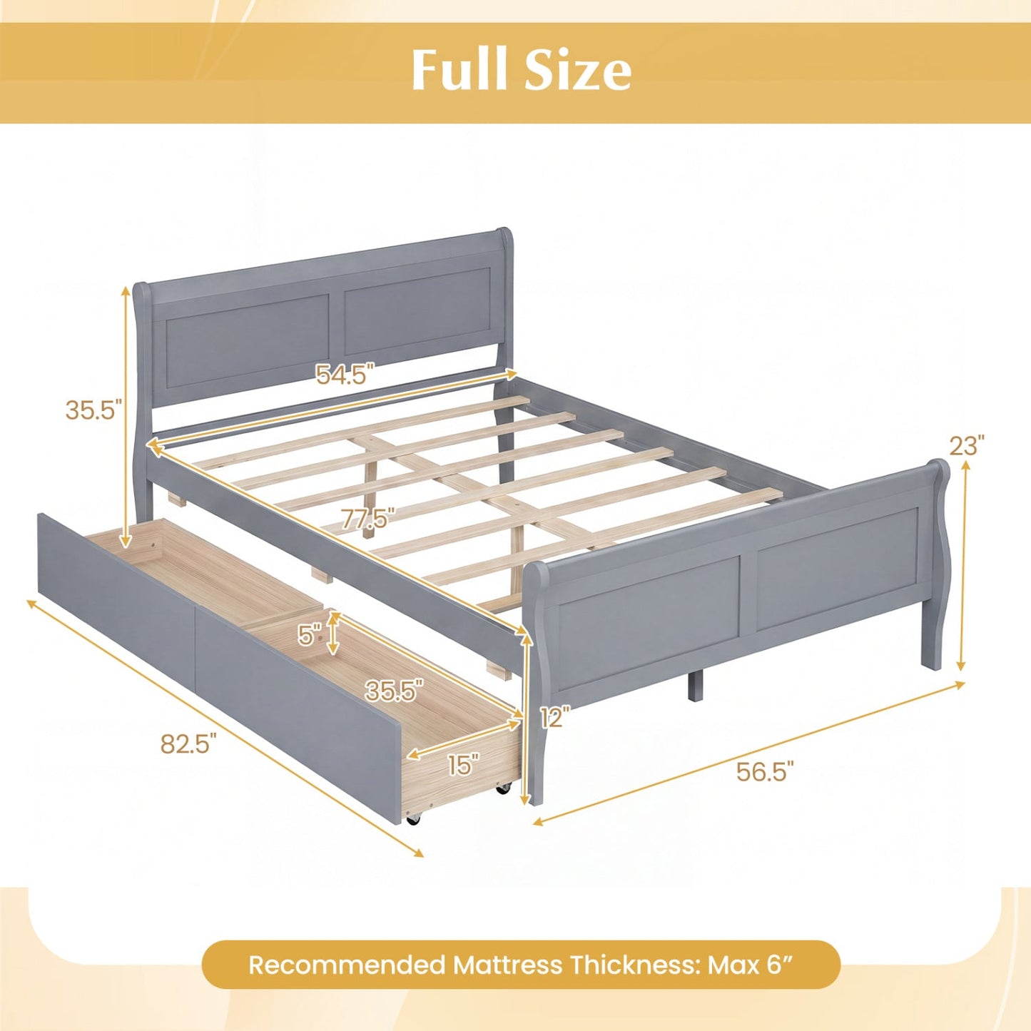 Full Size Bed Frame with 2 Storage Drawers and Footboard for Kids Teens Adults