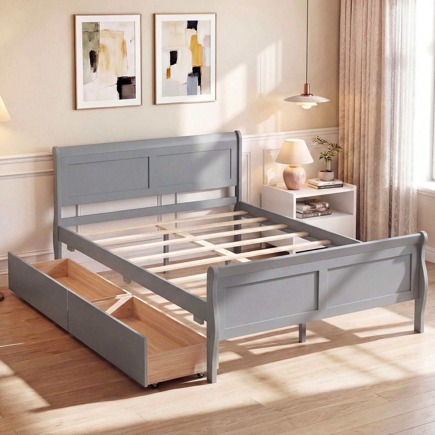 Full Size Bed Frame with 2 Storage Drawers and Footboard for Kids Teens Adults