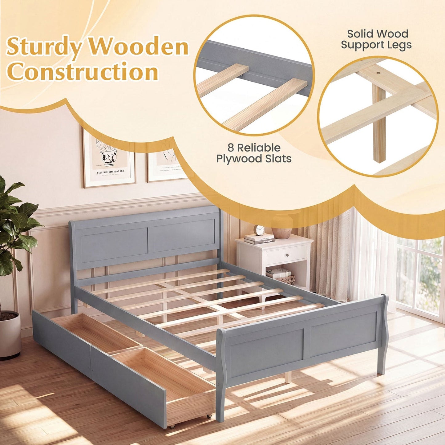 Full Size Bed Frame with 2 Storage Drawers and Footboard for Kids Teens Adults