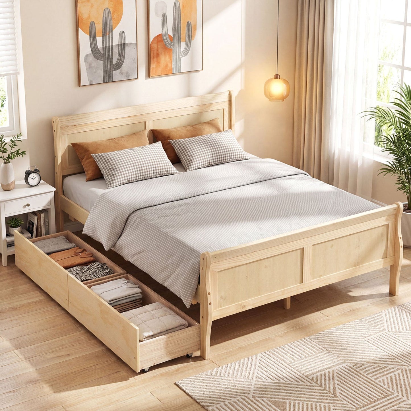 Full Size Bed Frame with 2 Storage Drawers and Footboard for Kids Teens Adults