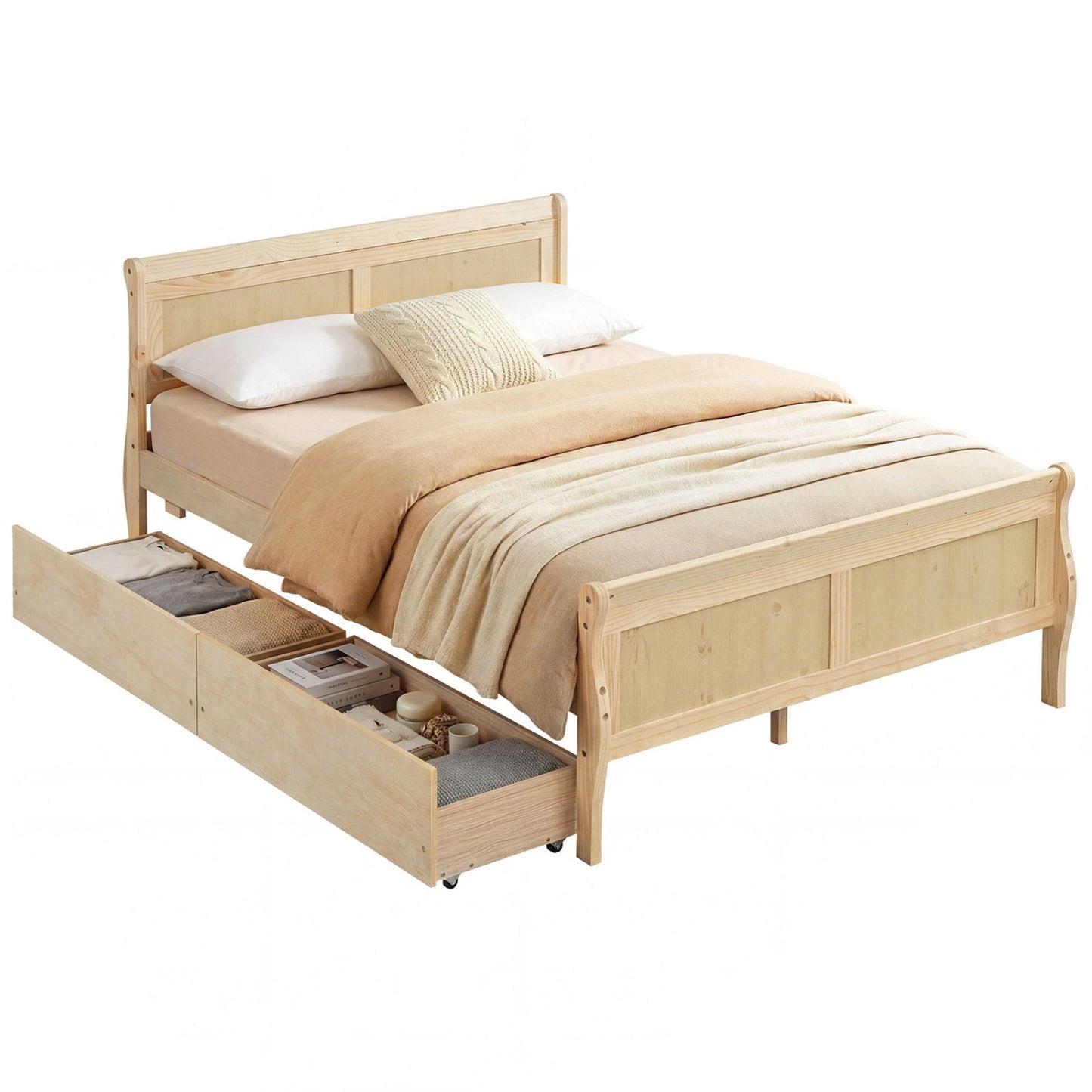 Full Size Bed Frame with 2 Storage Drawers and Footboard for Kids Teens Adults