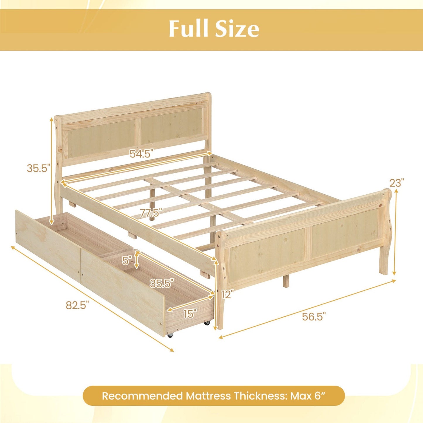Full Size Bed Frame with 2 Storage Drawers and Footboard for Kids Teens Adults