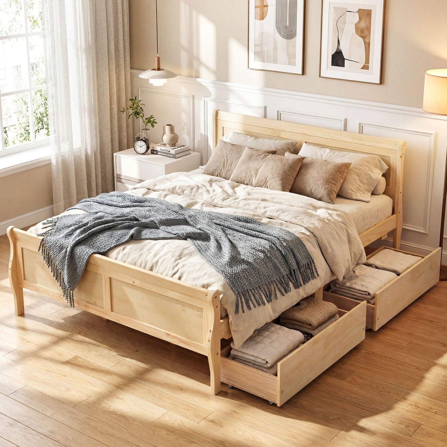 Full Size Bed Frame with 2 Storage Drawers and Footboard for Kids Teens Adults