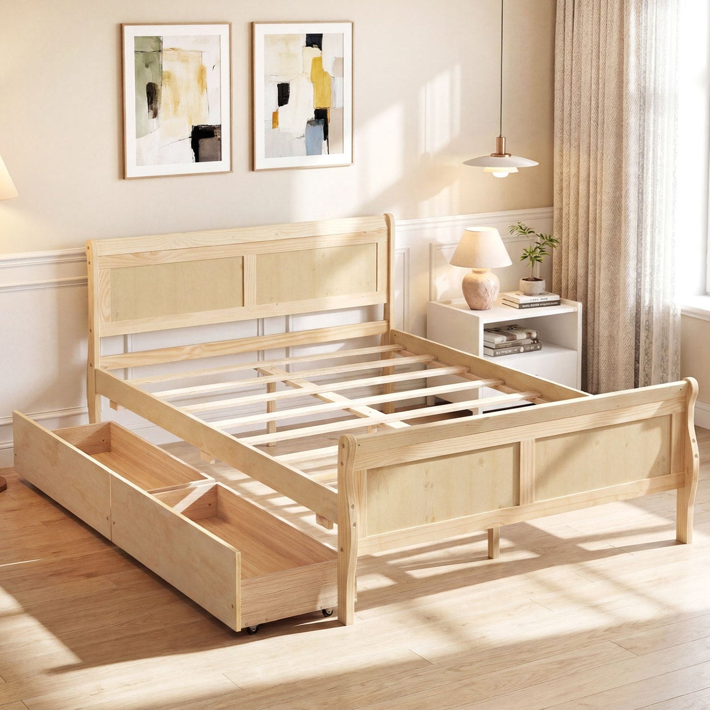 Full Size Bed Frame with 2 Storage Drawers and Footboard for Kids Teens Adults
