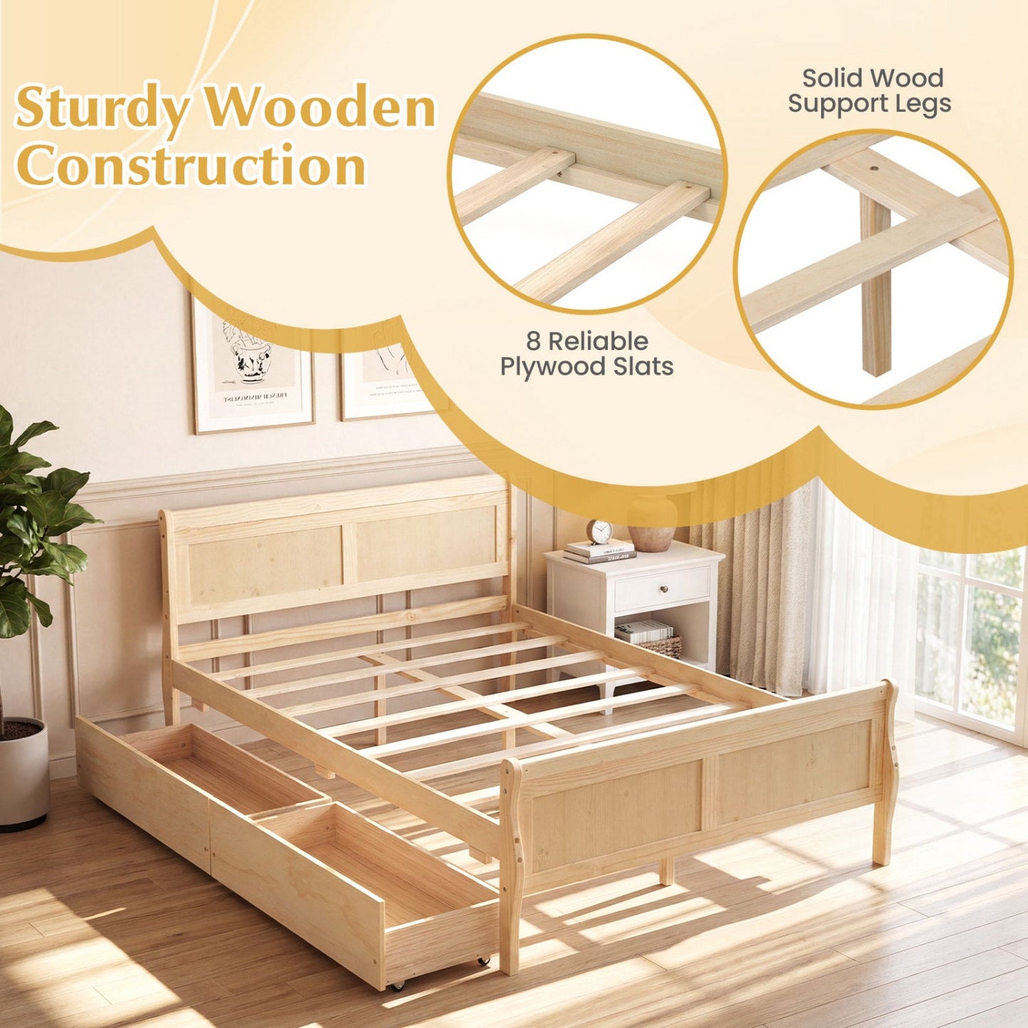 Full Size Bed Frame with 2 Storage Drawers and Footboard for Kids Teens Adults