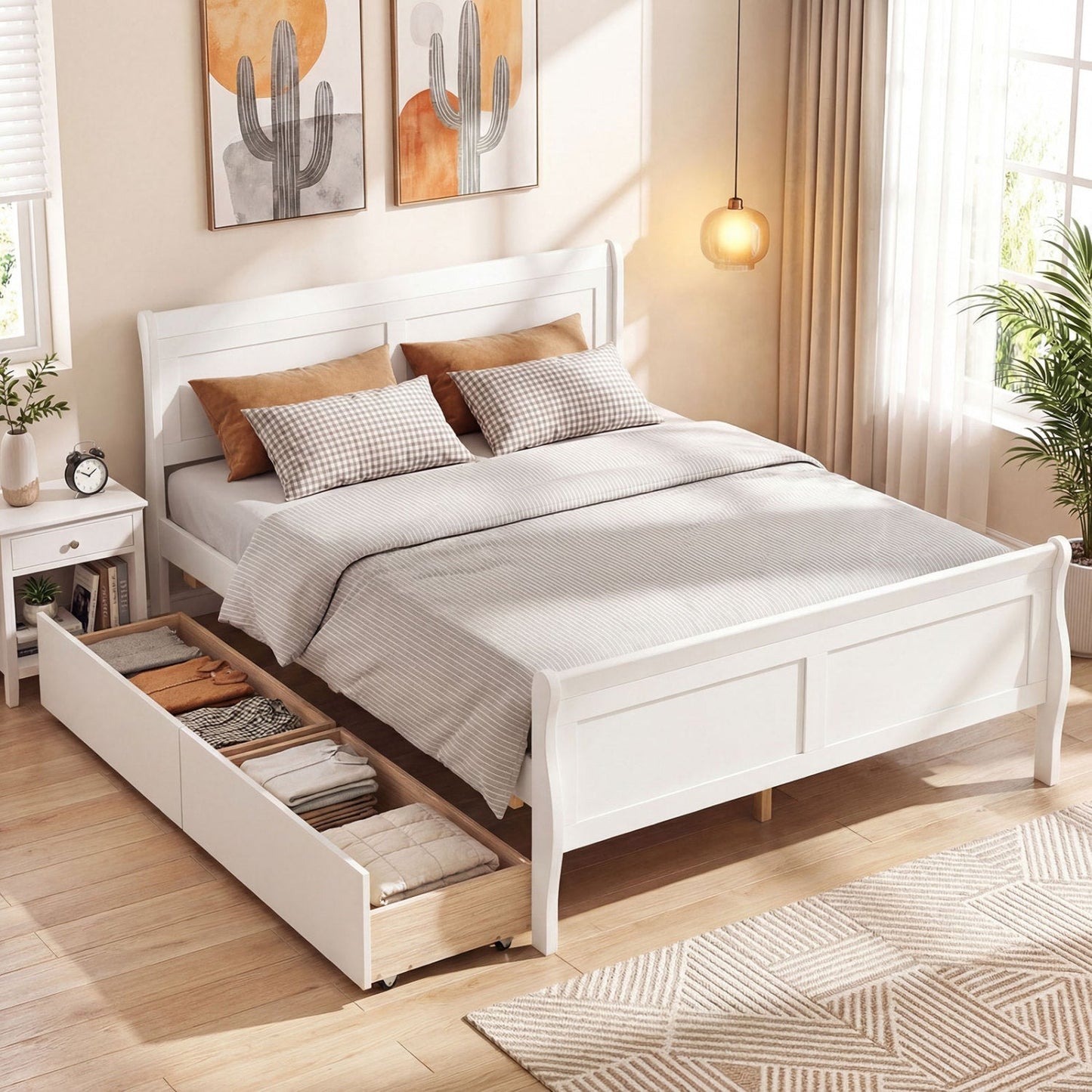 Full Size Bed Frame with 2 Storage Drawers and Footboard for Kids Teens Adults