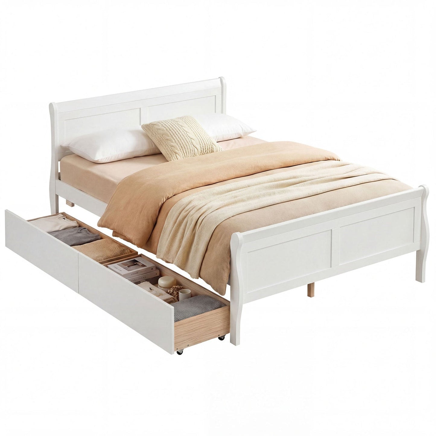Full Size Bed Frame with 2 Storage Drawers and Footboard for Kids Teens Adults