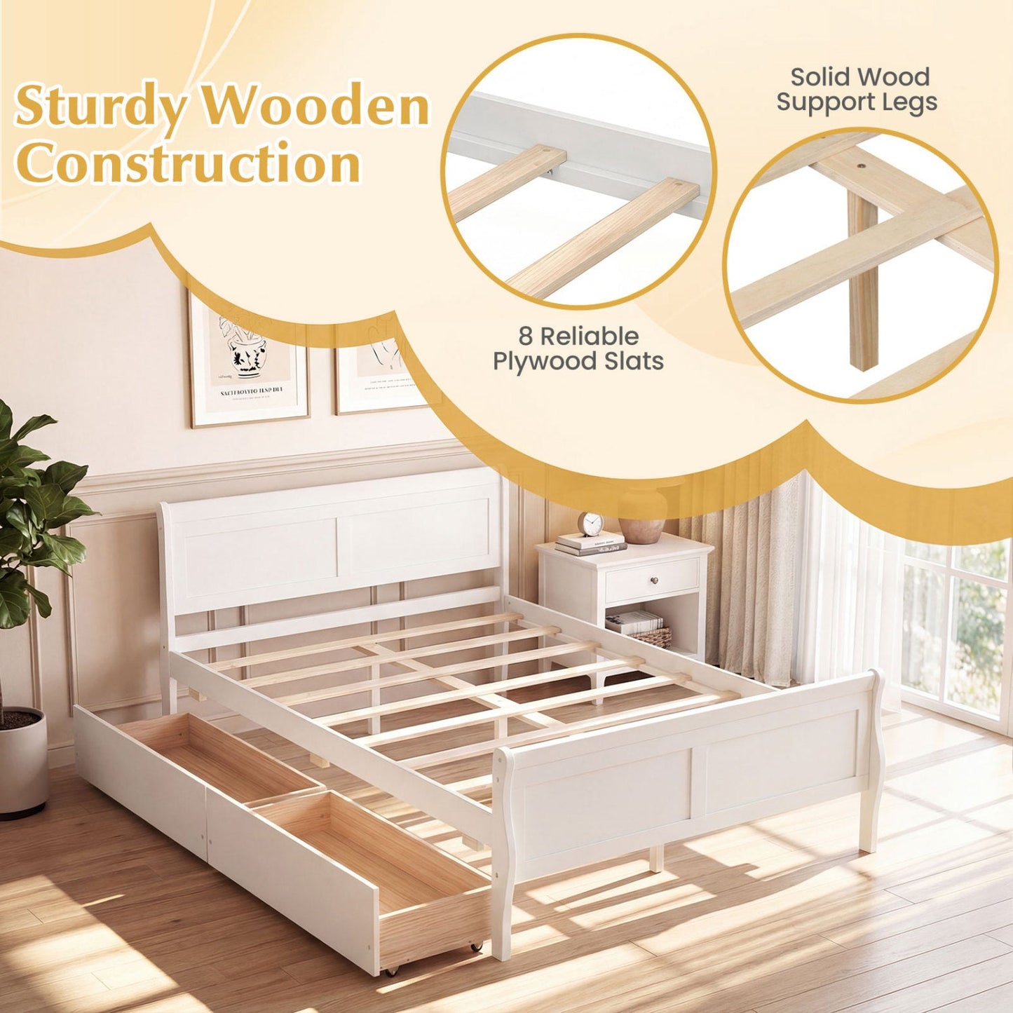 Full Size Bed Frame with 2 Storage Drawers and Footboard for Kids Teens Adults