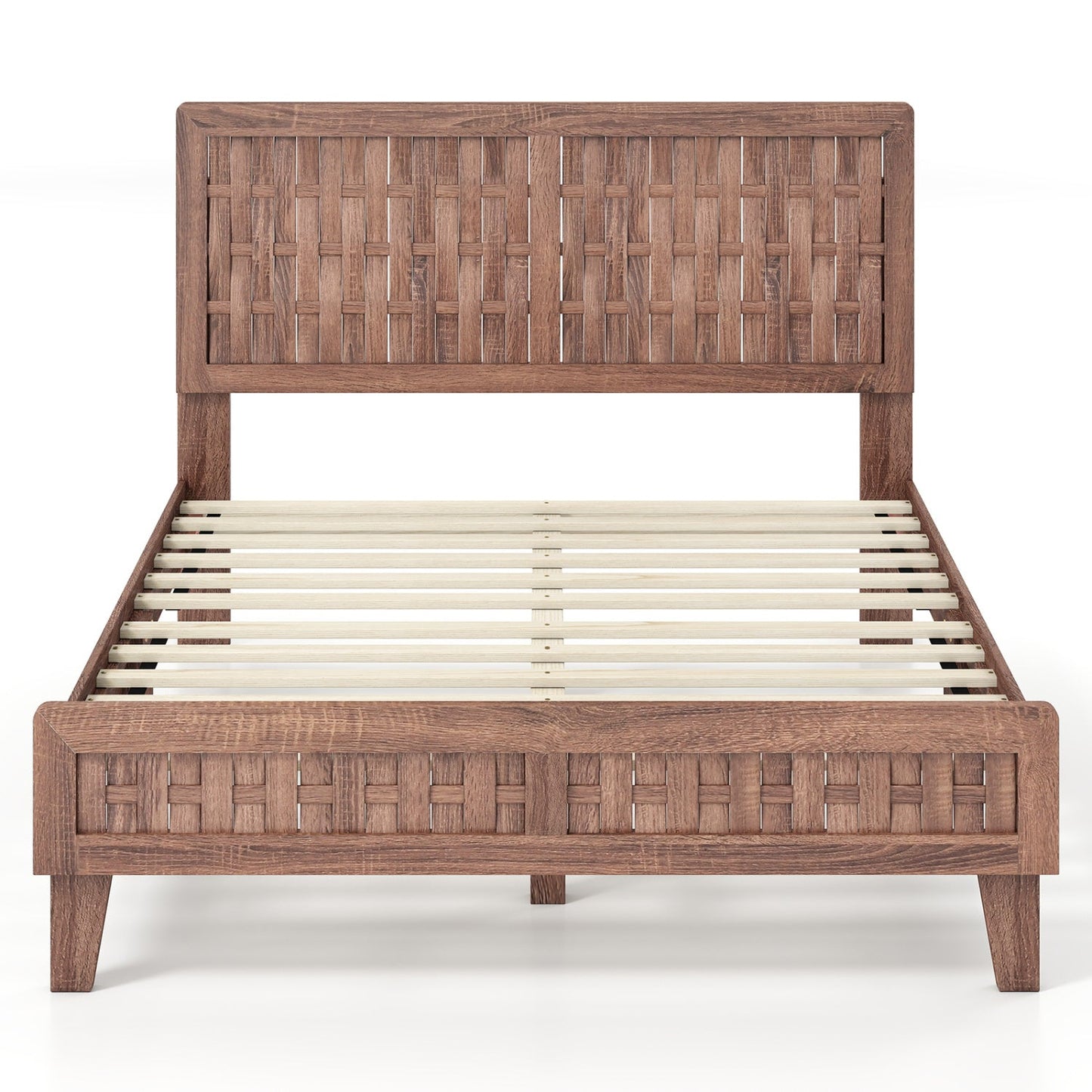 Twin Size Bed Frame Mid Century with Woven Accent Headboard
