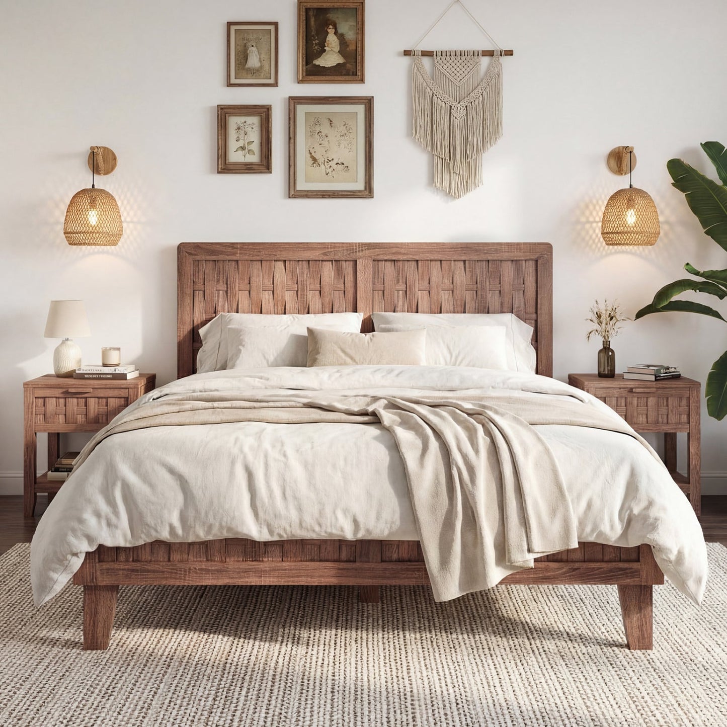 Twin Size Bed Frame Mid Century with Woven Accent Headboard