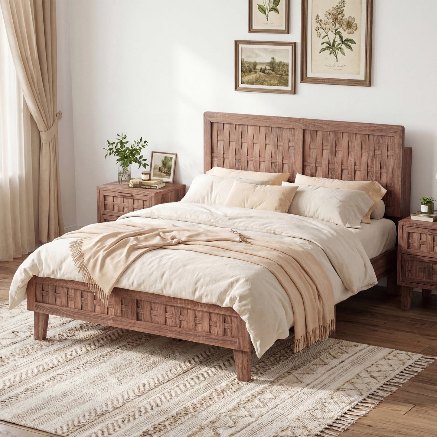 Twin Size Bed Frame Mid Century with Woven Accent Headboard