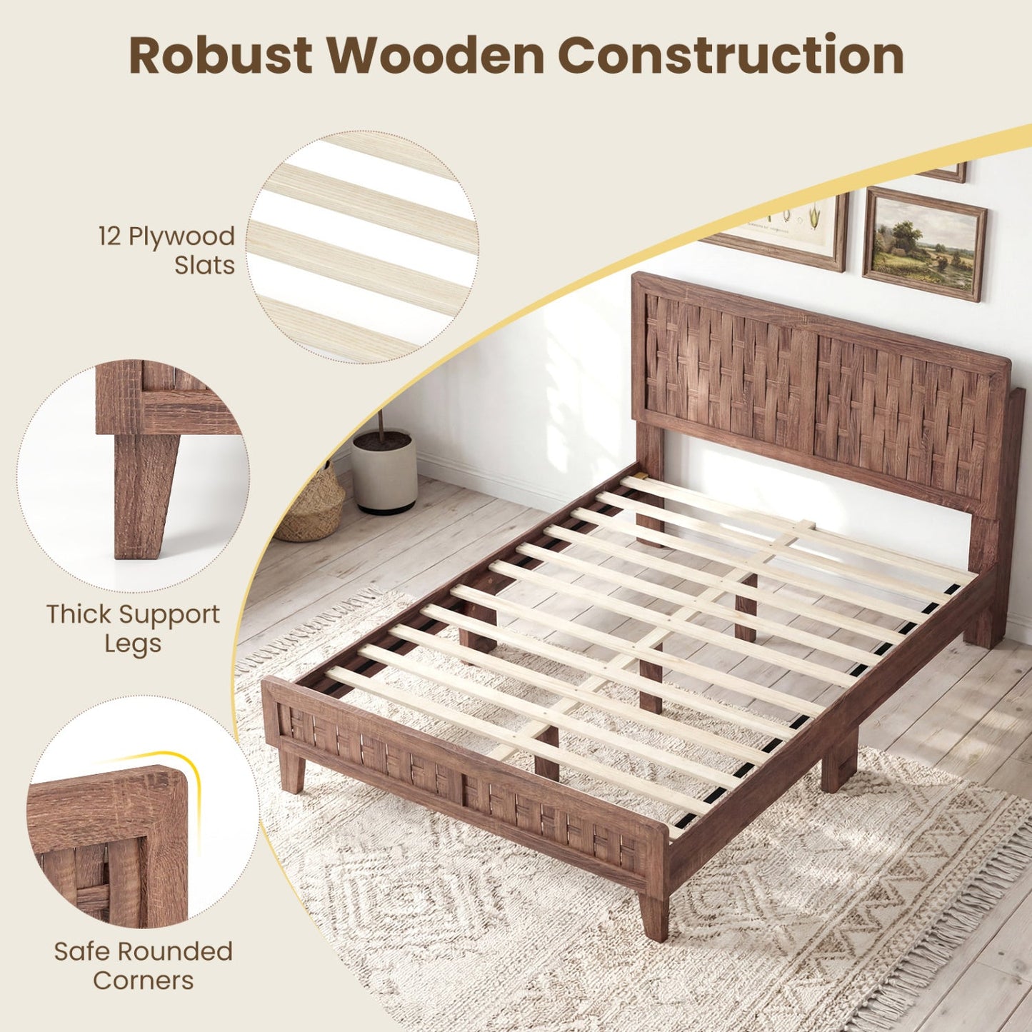 Twin Size Bed Frame Mid Century with Woven Accent Headboard