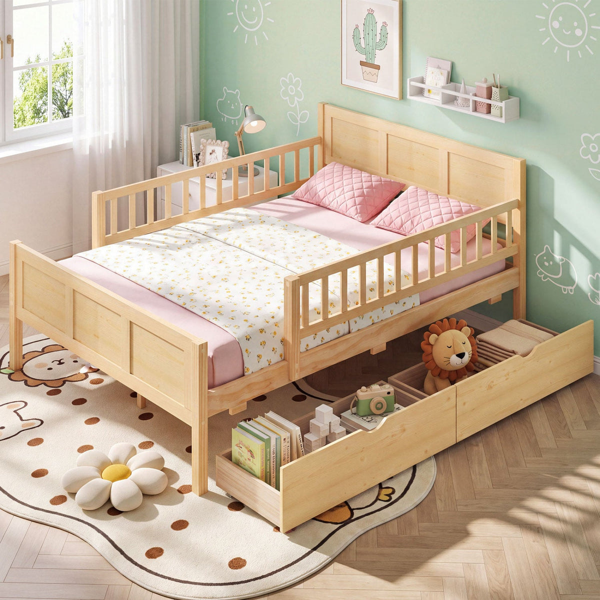 Full Size Bed Frame with Storage Drawers - Natural Pine