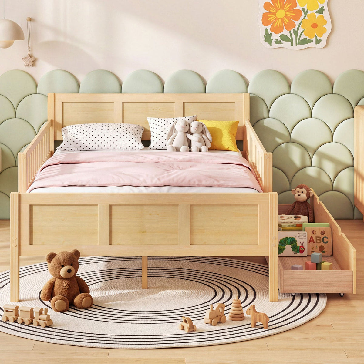 Full Size Bed Frame with Storage Drawers - Natural Pine