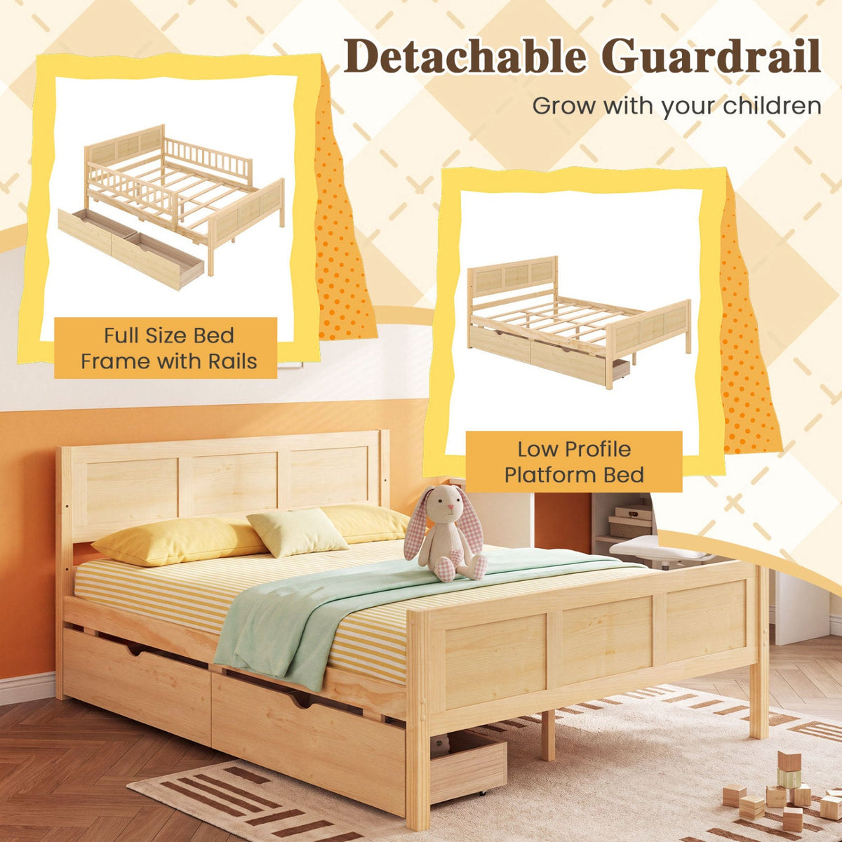 Full Size Bed Frame with Storage Drawers - Natural Pine