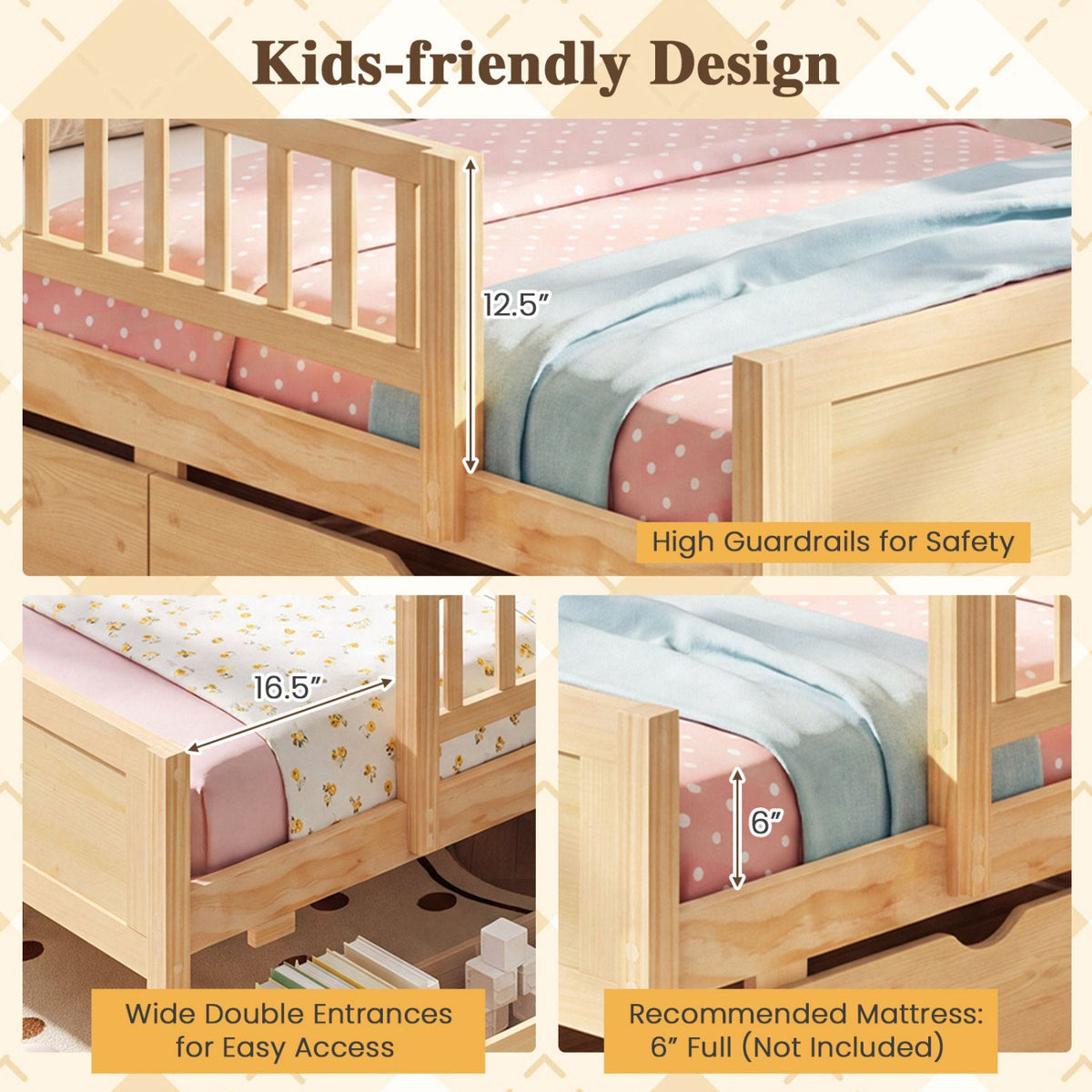 Full Size Bed Frame with Storage Drawers - Natural Pine