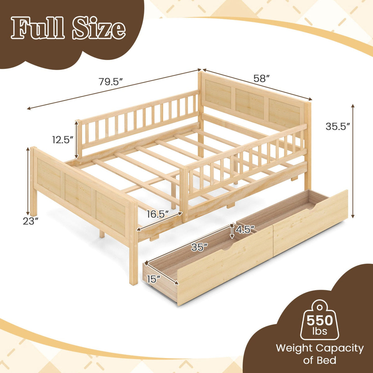 Full Size Bed Frame with Storage Drawers - Natural Pine