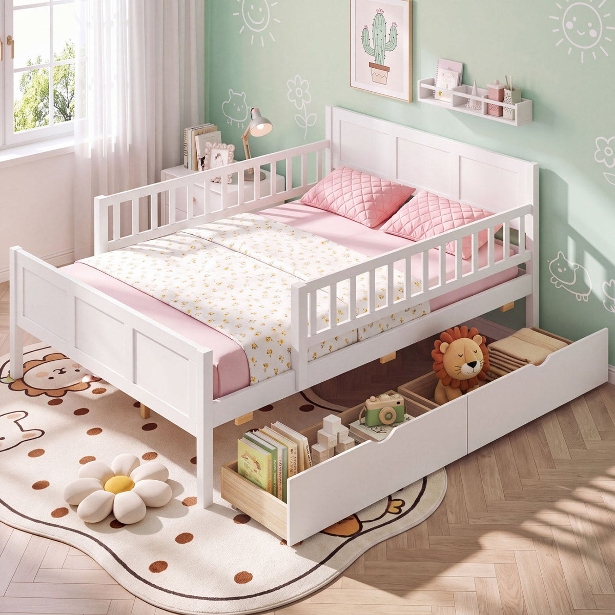 Full Size Platform Bed Frame with Detachable Guardrails