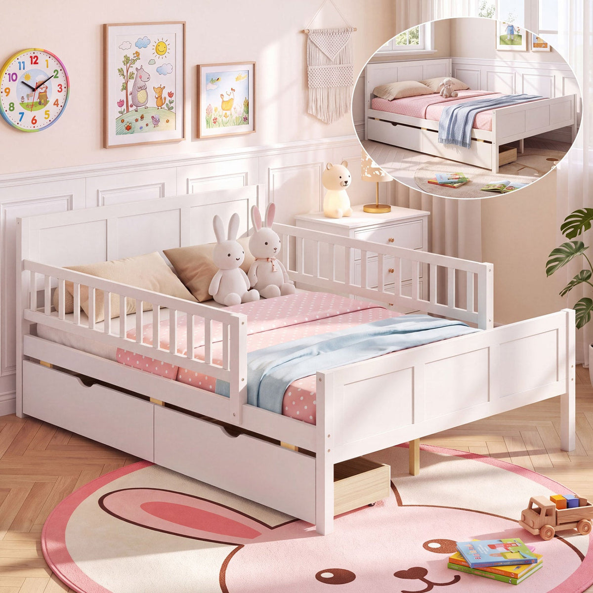 Full Size Platform Bed Frame with Detachable Guardrails