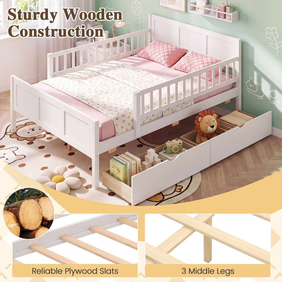 Full Size Platform Bed Frame with Detachable Guardrails
