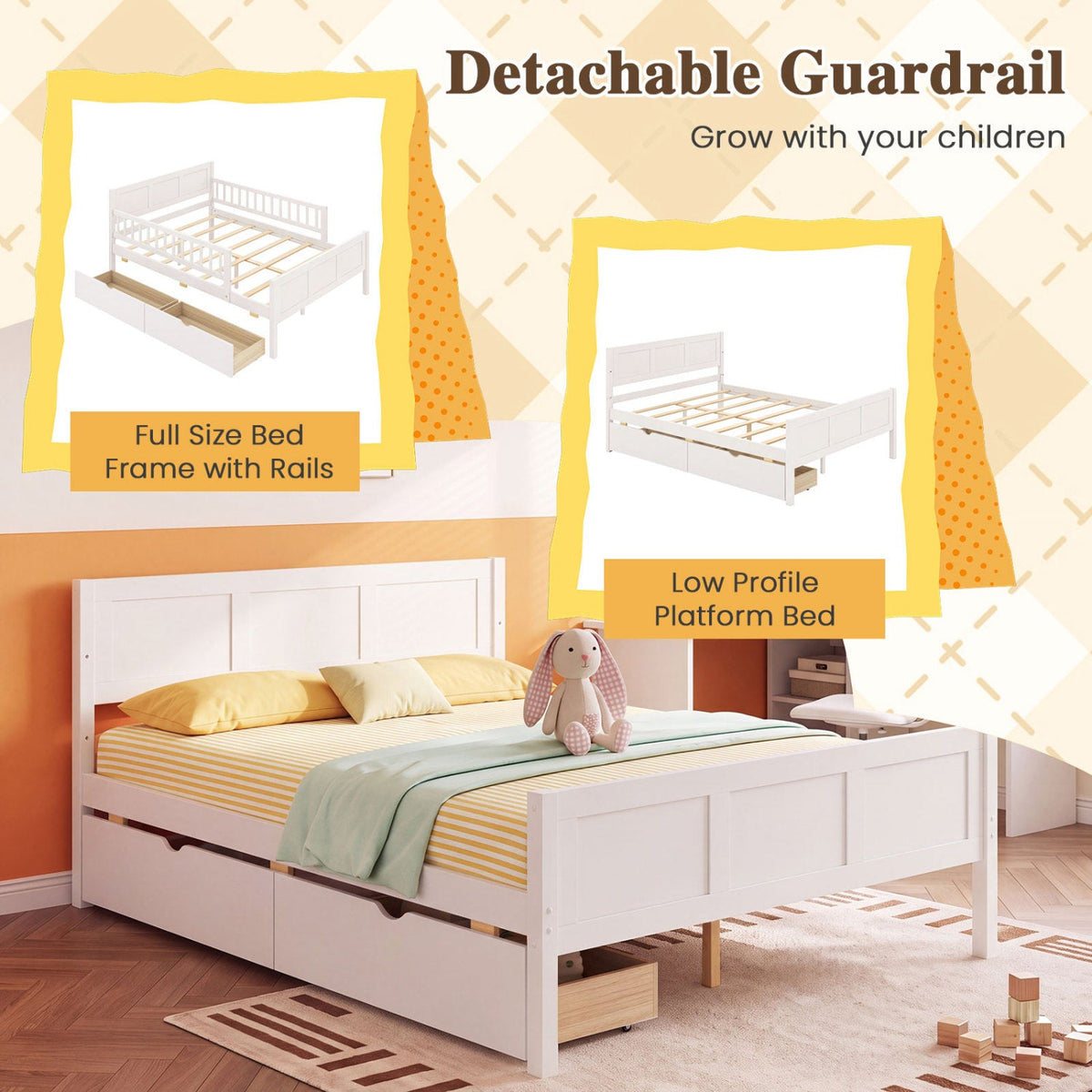 Full Size Platform Bed Frame with Detachable Guardrails