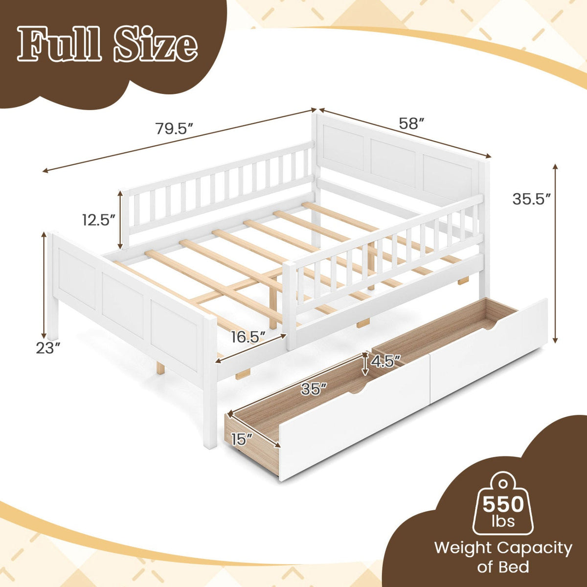 Full Size Platform Bed Frame with Detachable Guardrails