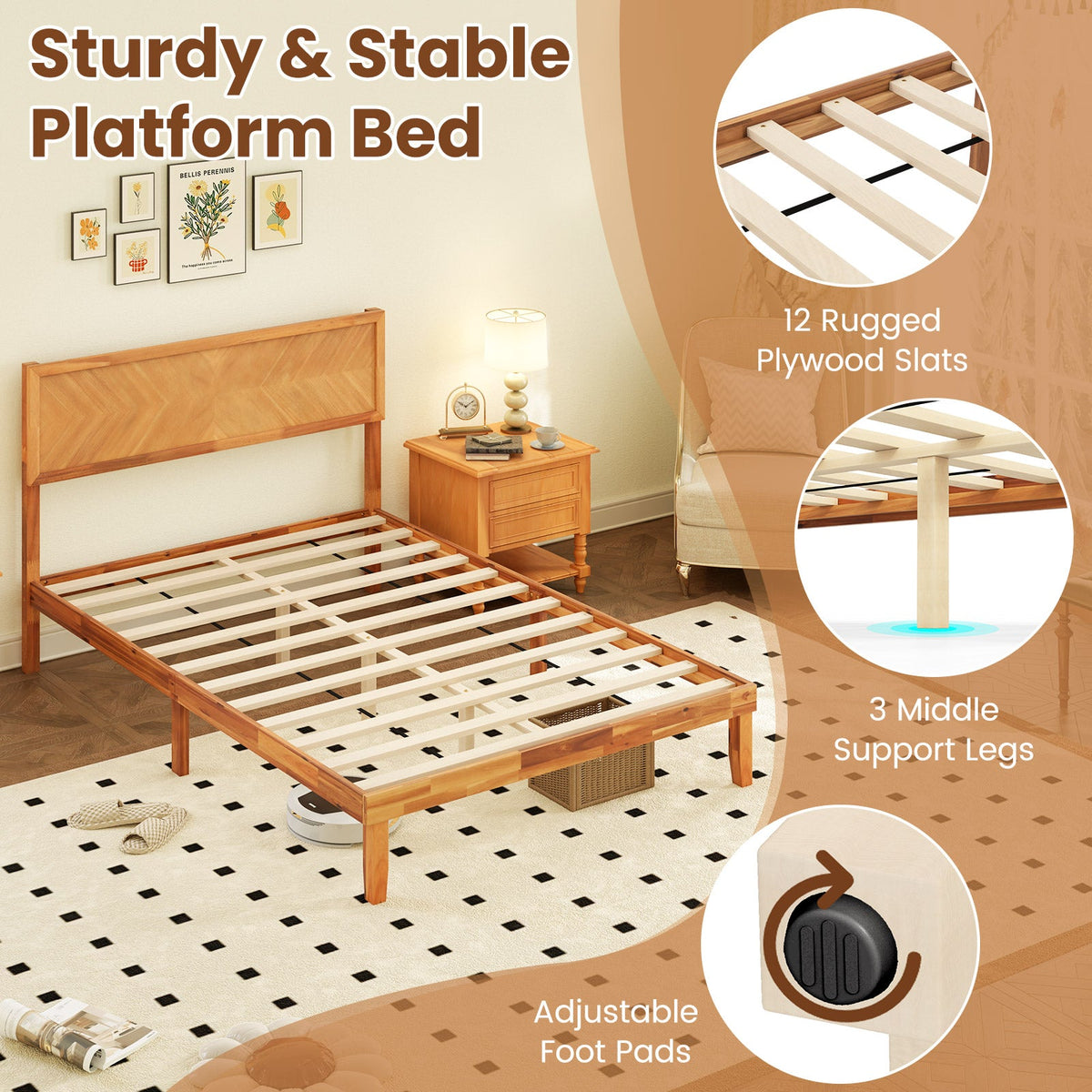 Twin/Full/Queen Size Bed Frame with Headboard and Storage Space