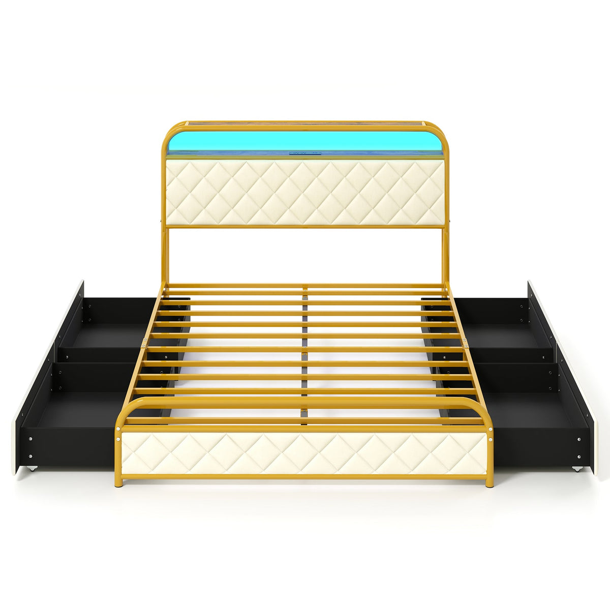 Twin/Full/Queen Size Bed Frame with LED Lights and Charging Station Gold