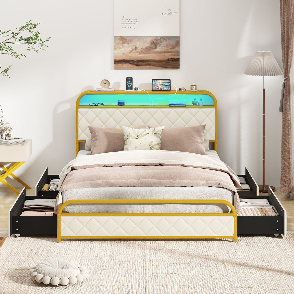 Twin/Full/Queen Size Bed Frame with LED Lights and Charging Station Gold