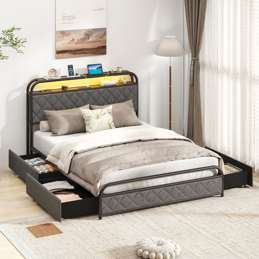 Twin/Full/Queen Size Bed Frame with LED Lights and Charging Station