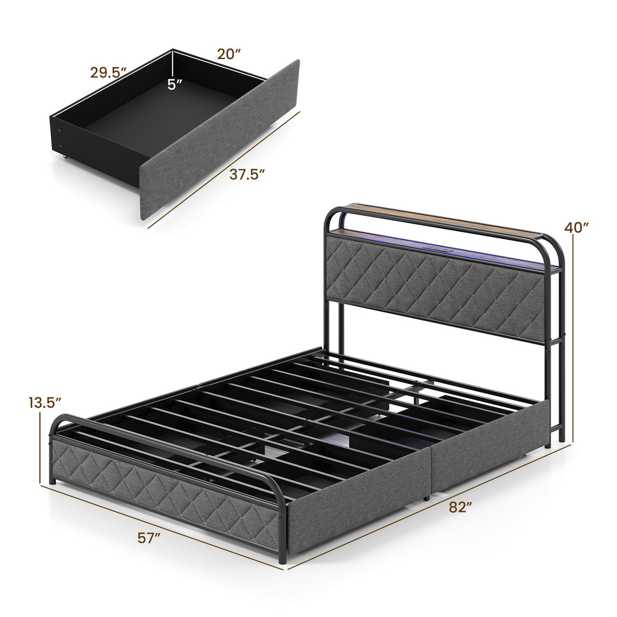 Twin/Full/Queen Size Bed Frame with LED Lights and Charging Station