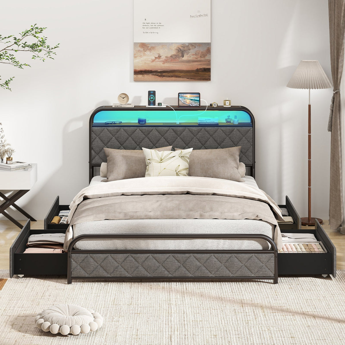 Twin/Full/Queen Size Bed Frame with LED Lights and Charging Station