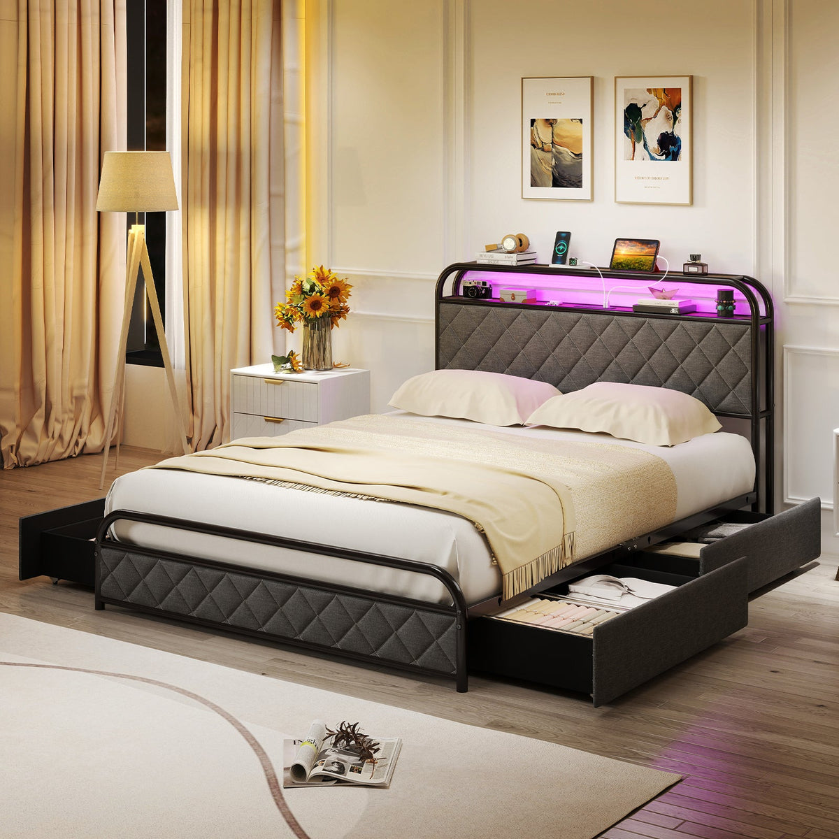 Twin/Full/Queen Size Bed Frame with LED Lights and Charging Station