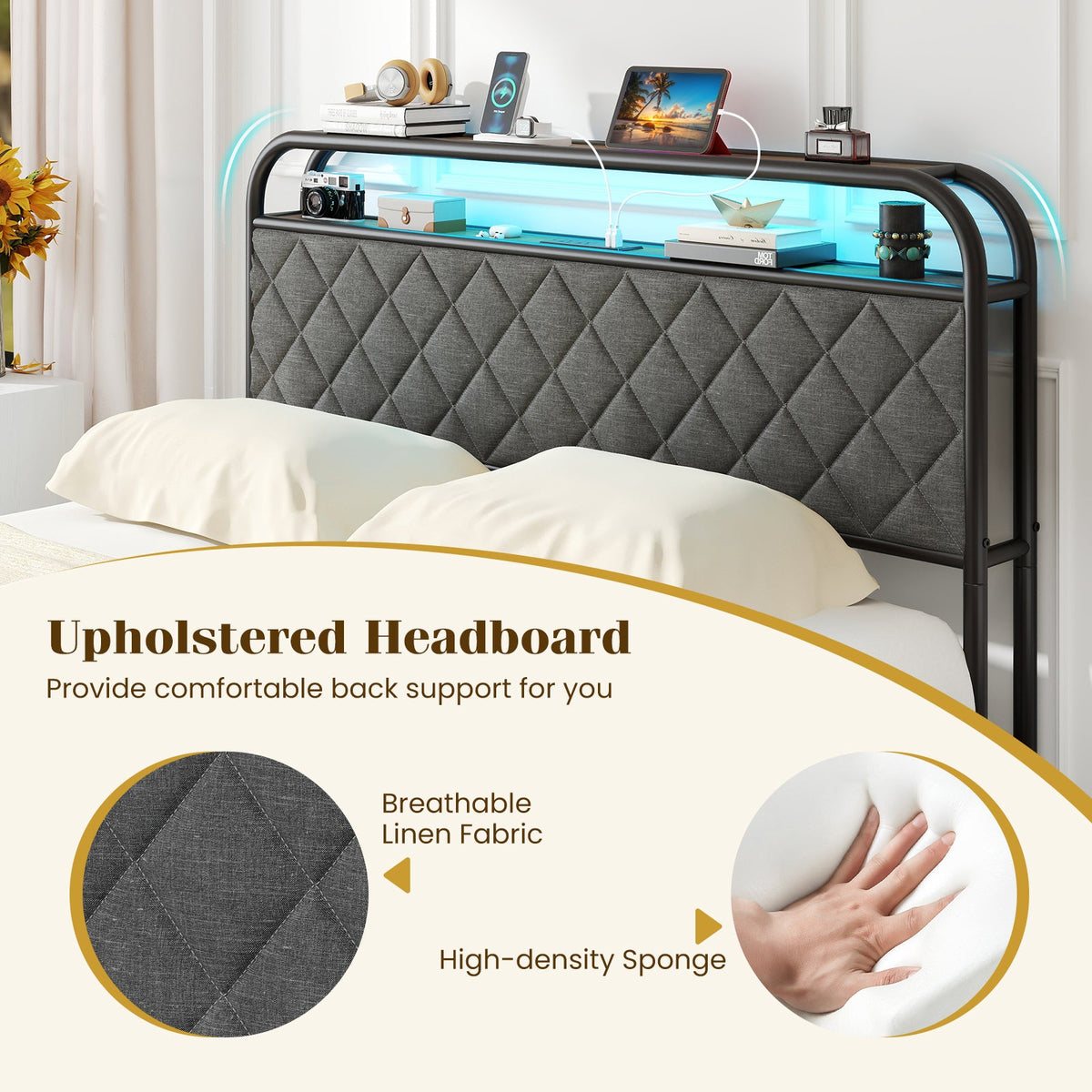 Twin/Full/Queen Size Bed Frame with LED Lights and Charging Station