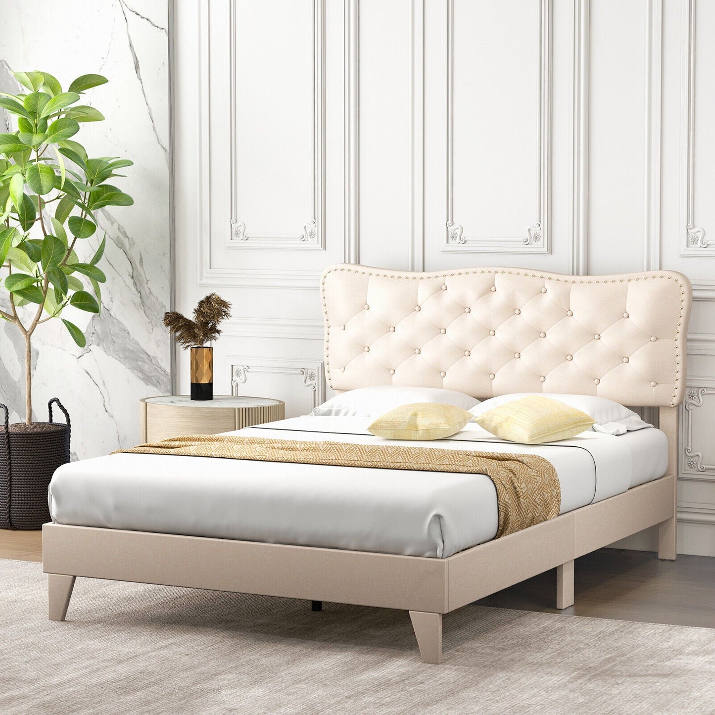 Full Size Bed Frame with Nail Headboard and Wooden Slats