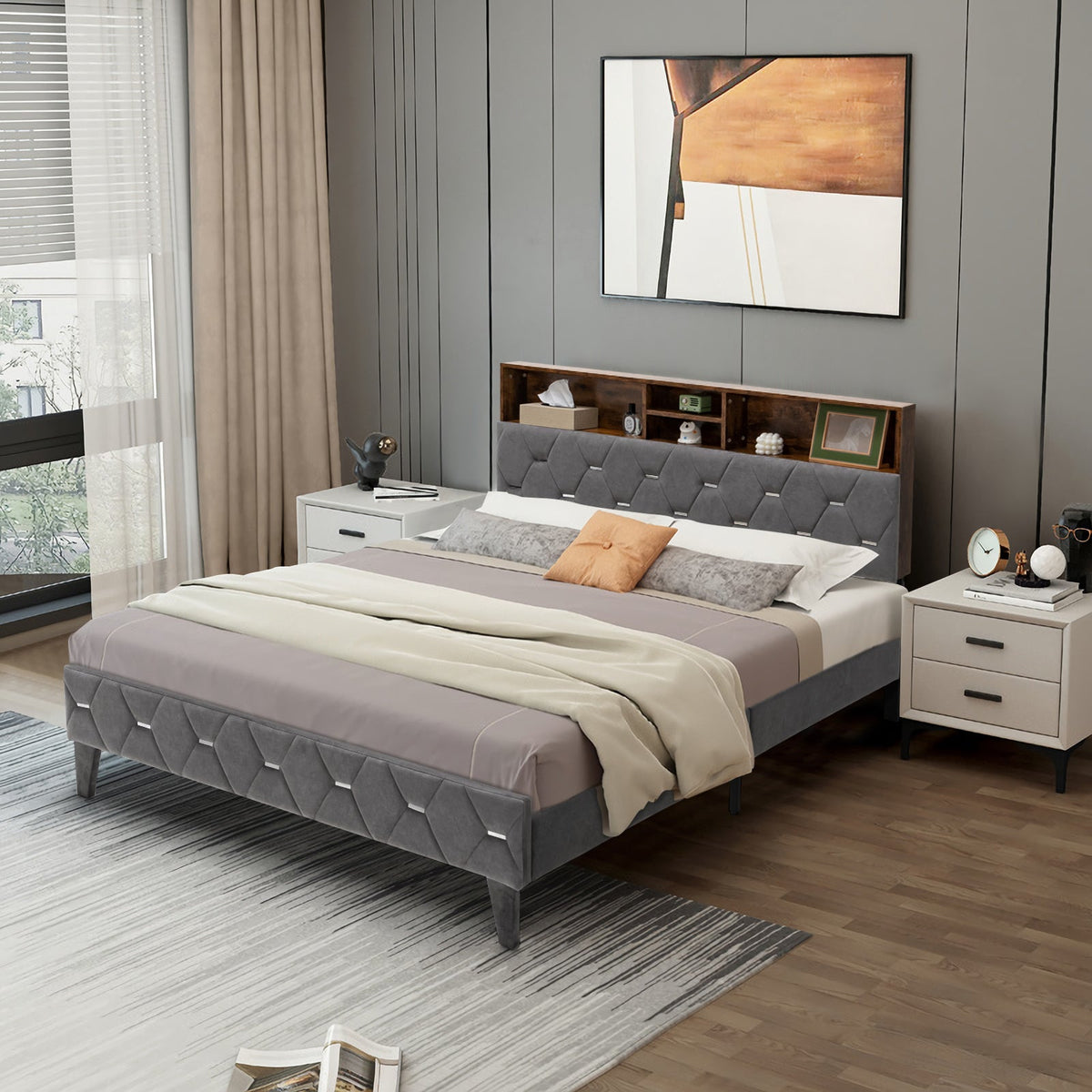 Full/Queen Size Upholstered Bed Frame with Storage Headboard