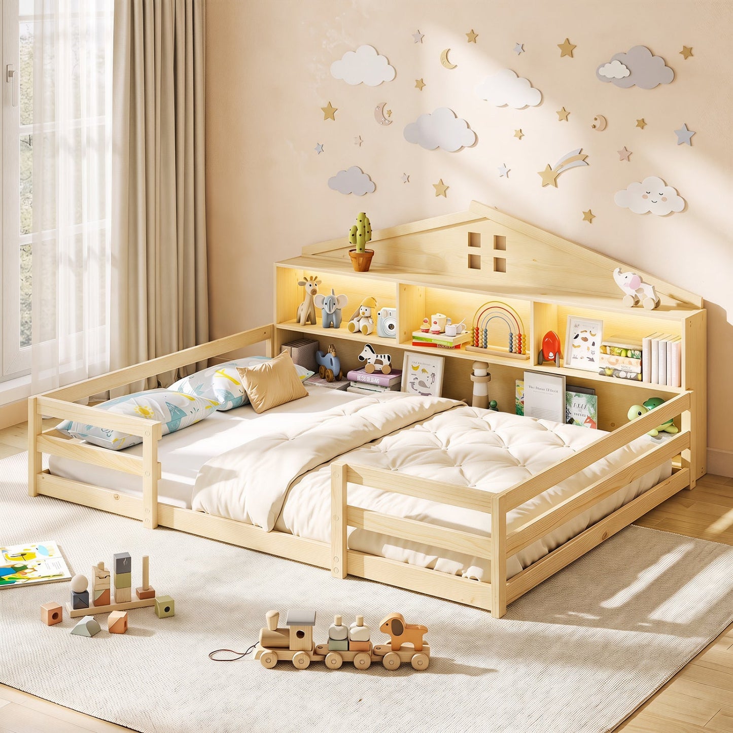 Full Size Montessori Floor Bed with Storage and LED Lights