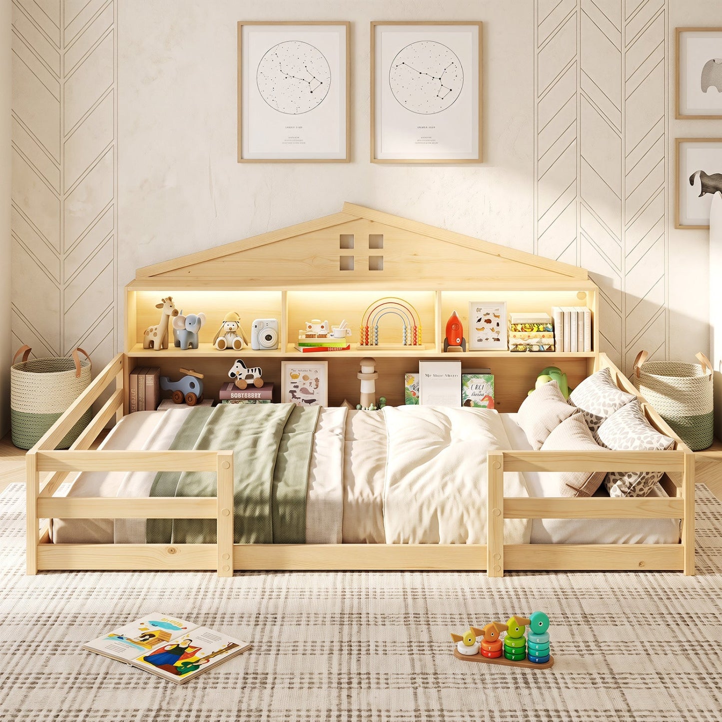 Full Size Montessori Floor Bed with Storage and LED Lights